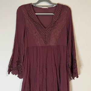 Altar'd State Flowy V-neck Bell Sleeve Burgundy Dress